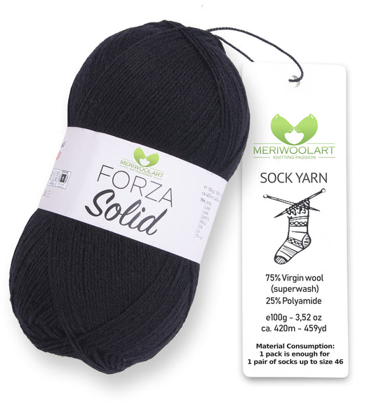 FORZA SOLID Schwarz-4621 Wollsockengarn, 100 g, 420 m