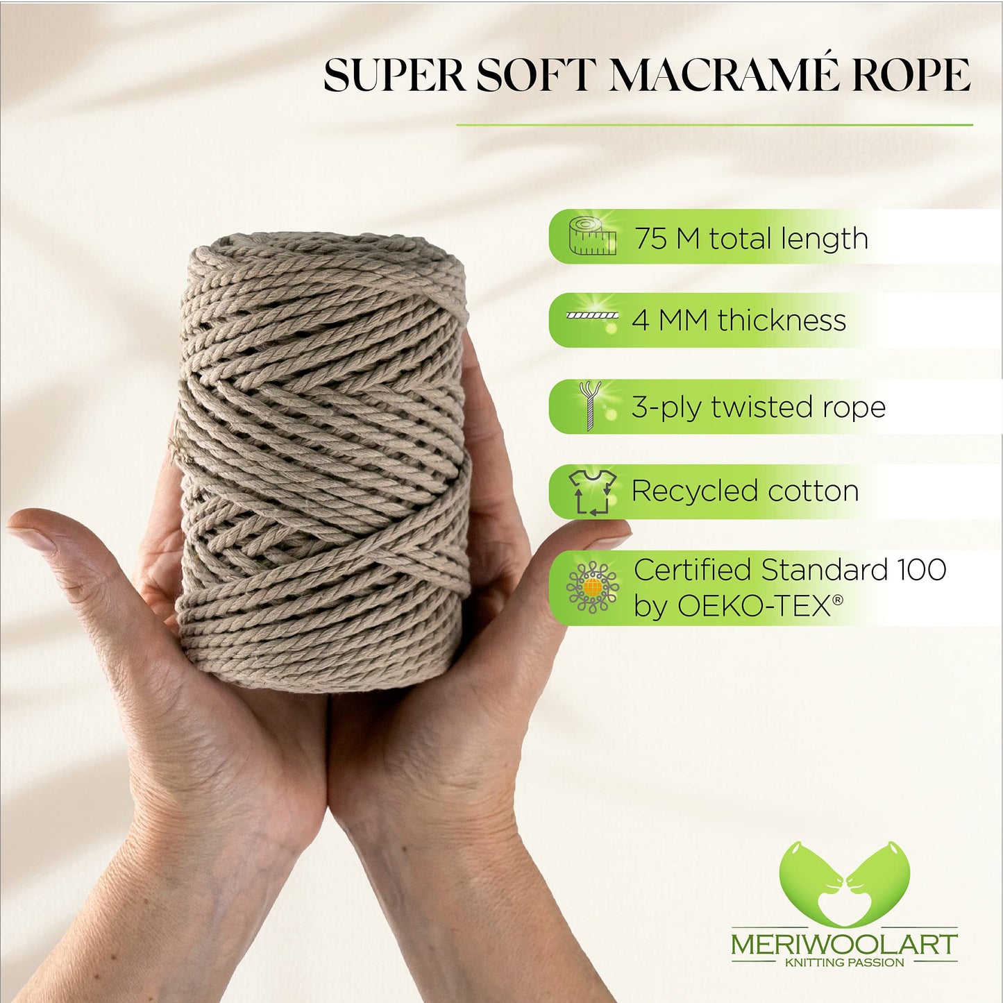 Dunkles Sand Makramee-Seil 4 mm, 75 m