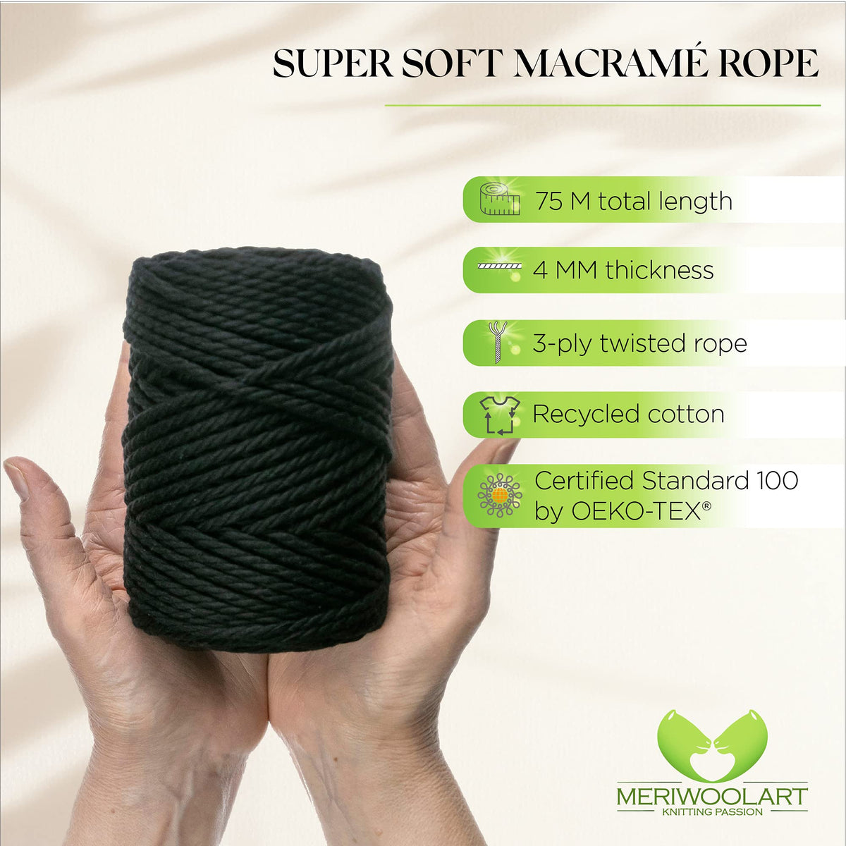 GRAPHITE MACRAMÉ ROPE 4 MM, 75 M – MeriWoolArt