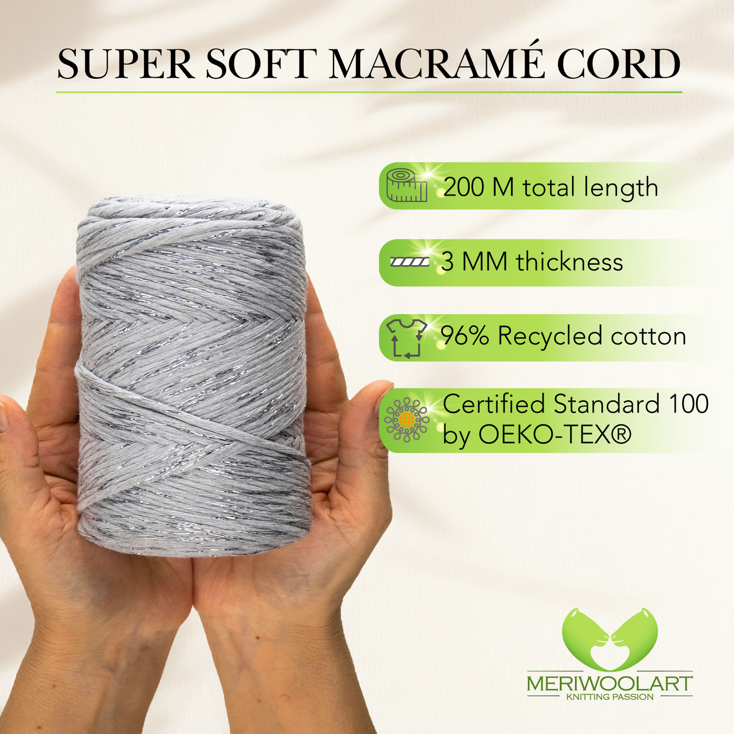 Macramé simple torsadé en lurex gris clair 3 mm 200 m