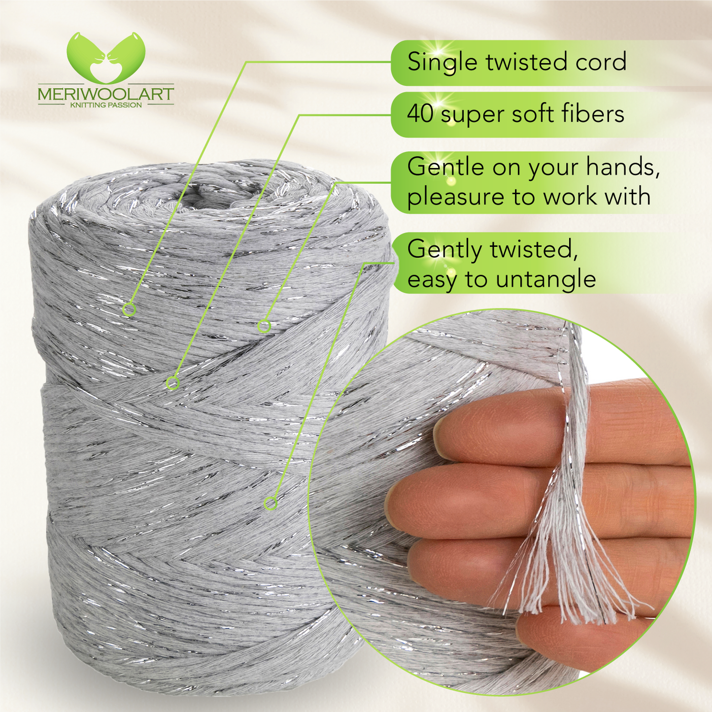 Macramé simple torsadé en lurex gris clair 3 mm 200 m