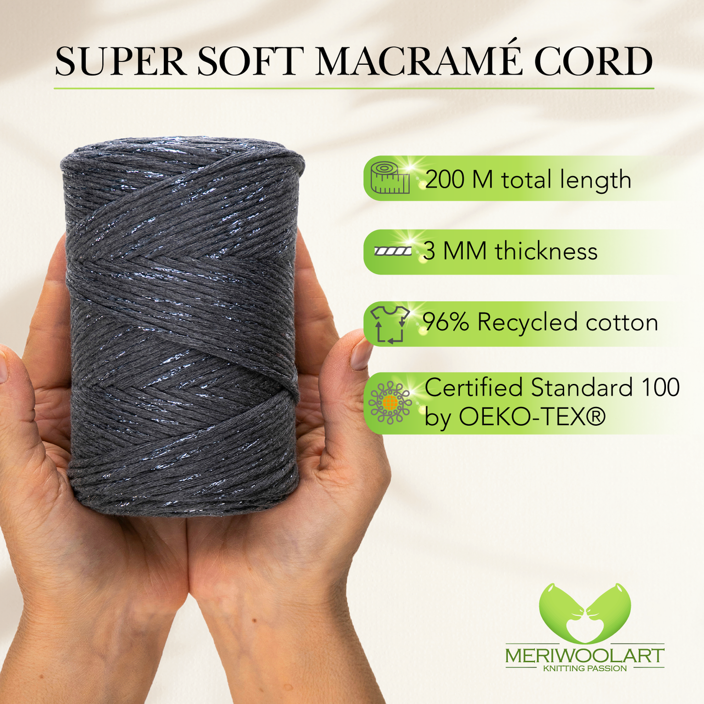 Macramé simple torsadé graphite Lurex 3 mm 200 m