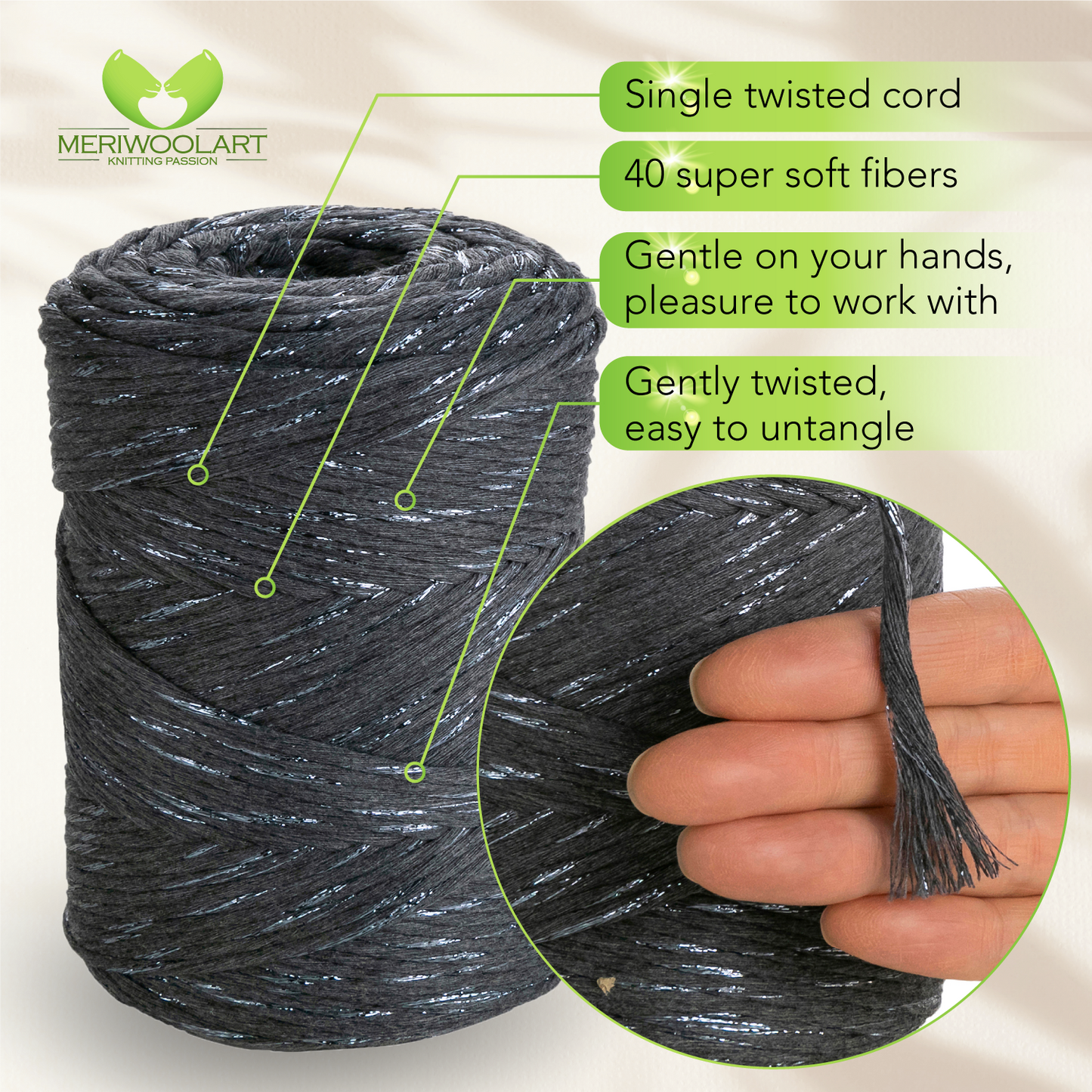 Macramé simple torsadé graphite Lurex 3 mm 200 m