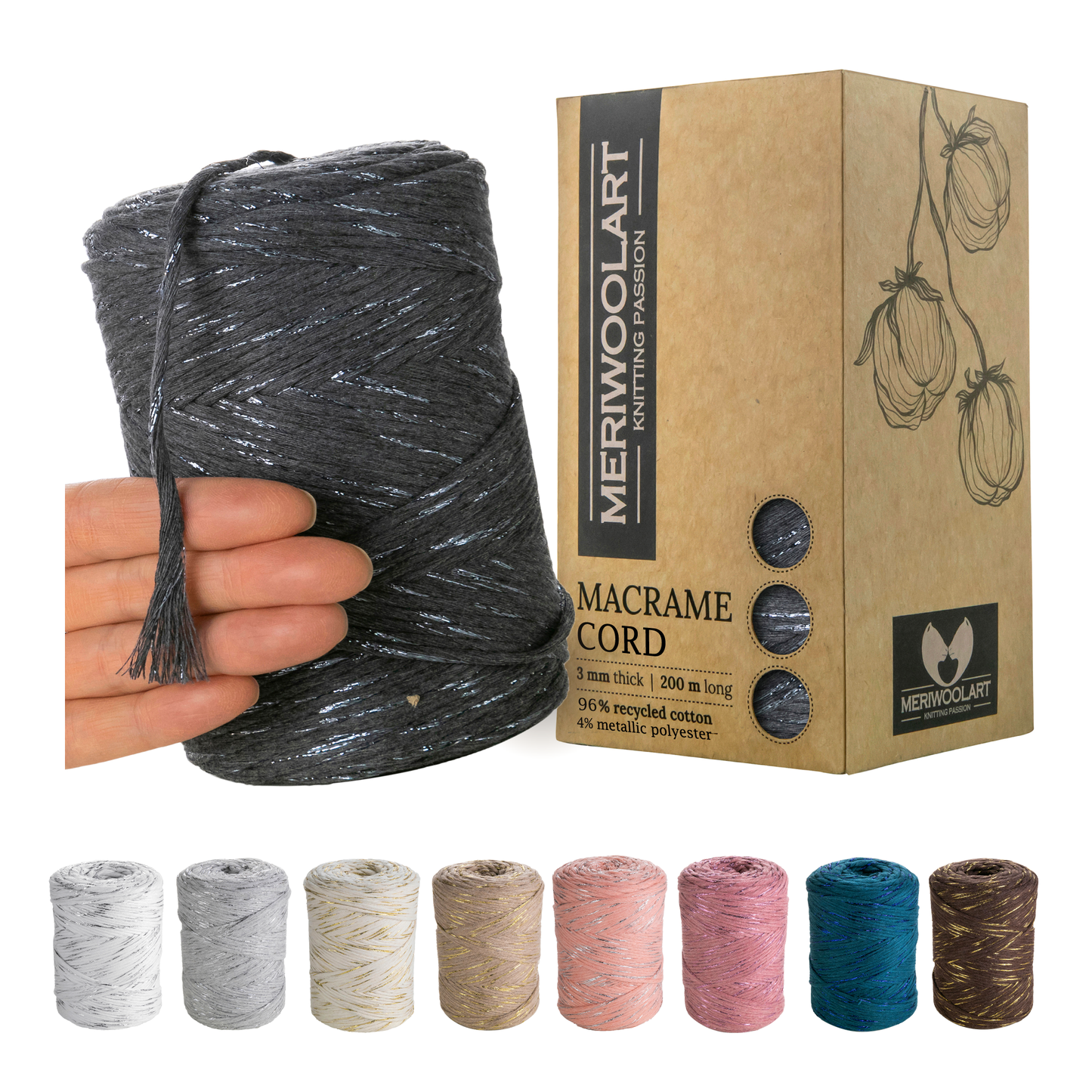 Macramé simple torsadé graphite Lurex 3 mm 200 m