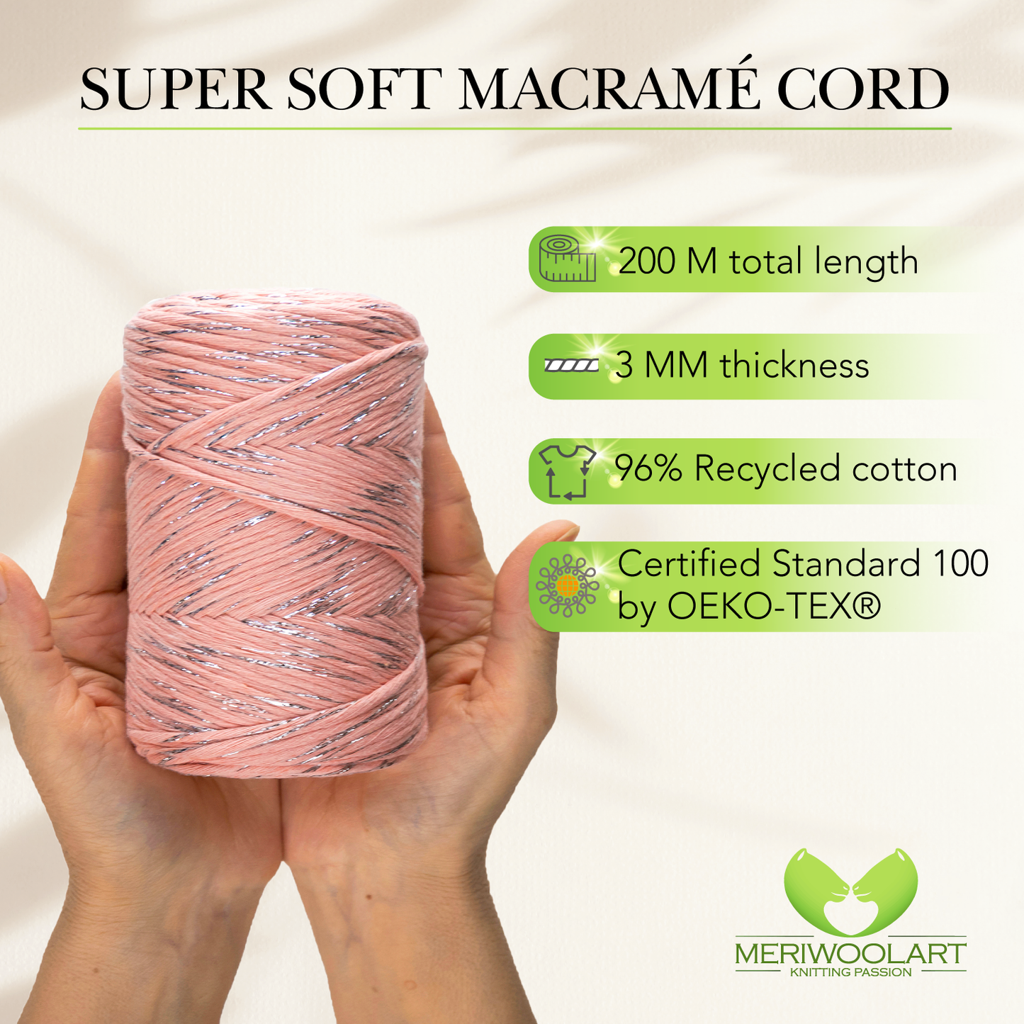 Macramé simple torsadé en lurex rose clair 3 mm 200 m