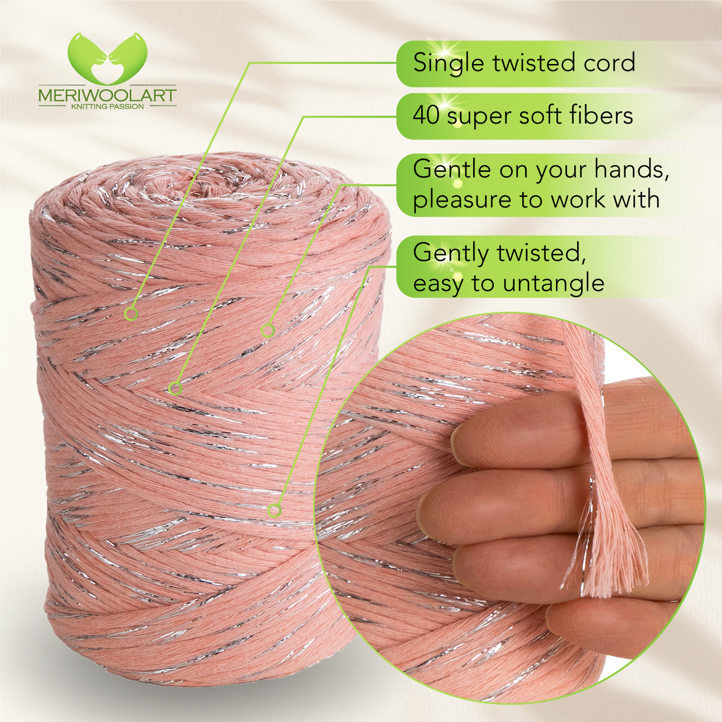 Macramé simple torsadé en lurex rose clair 3 mm 200 m