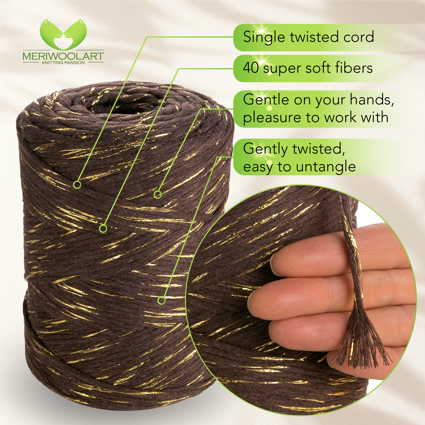 Macramé simple torsadé en lurex marron 3 mm 200 m