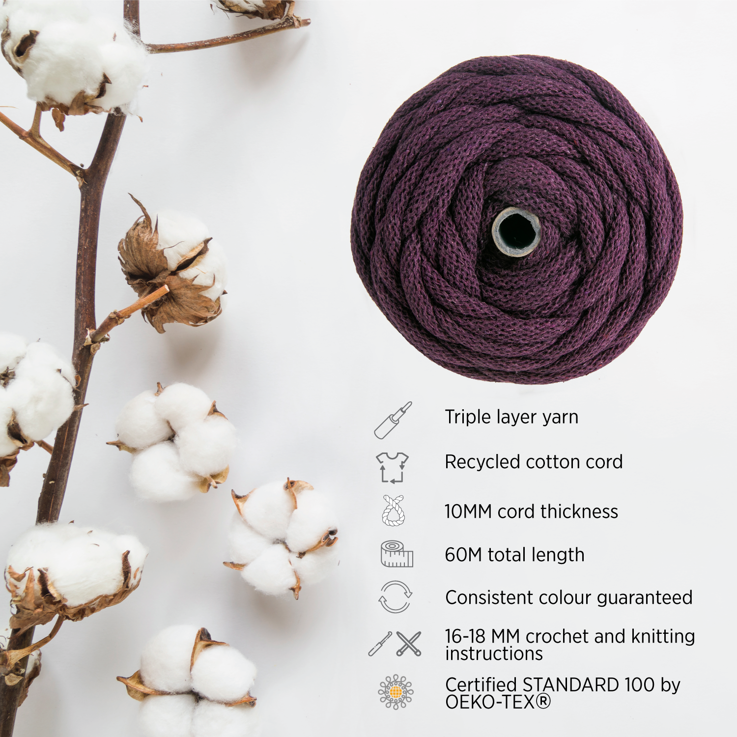 LILA RECYCLED COTTON CORD 10 MM, 60 M