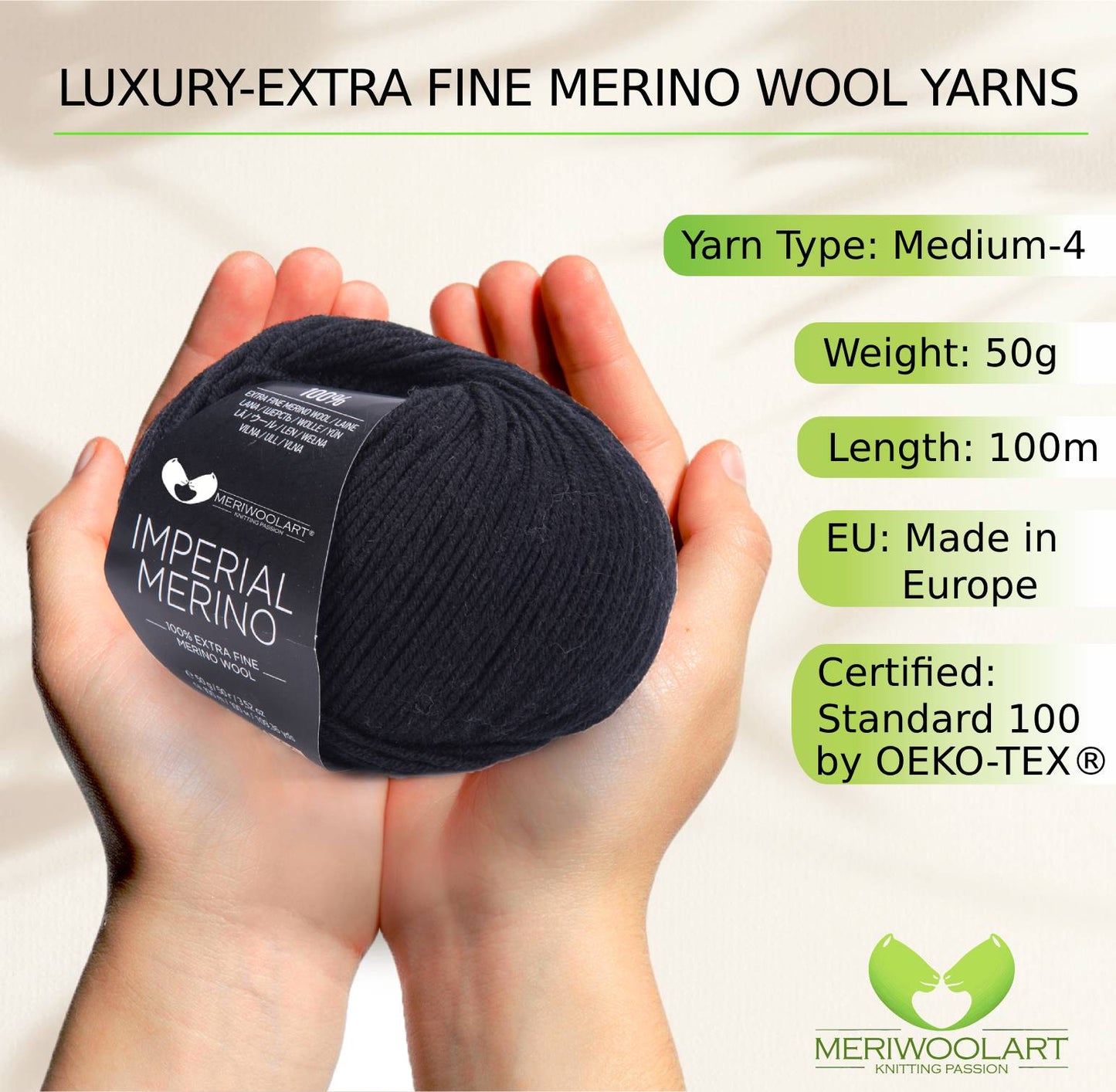 IMPERIAL Black MERINO WOOL YARNS 50g 125m