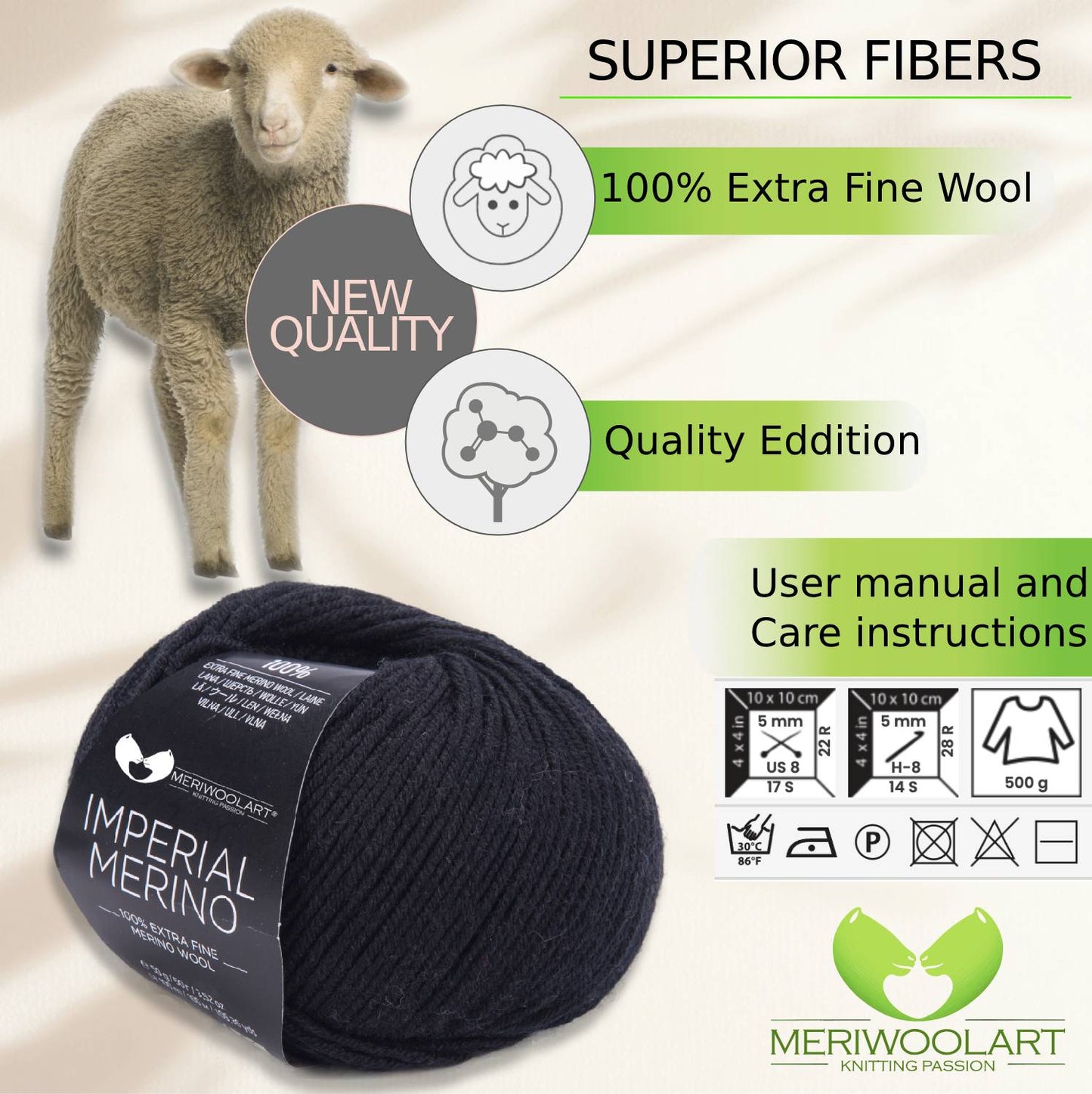 IMPERIAL Black MERINO WOOL YARNS 50g 125m