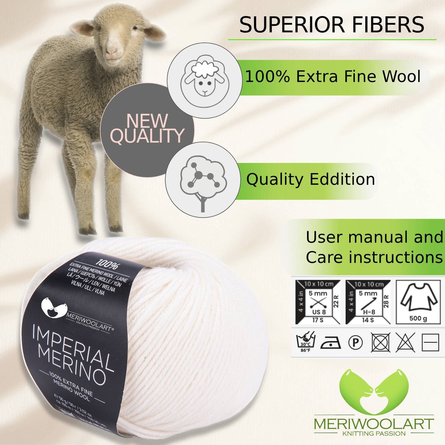 IMPERIAL White MERINO WOOL YARNS 50g 125m