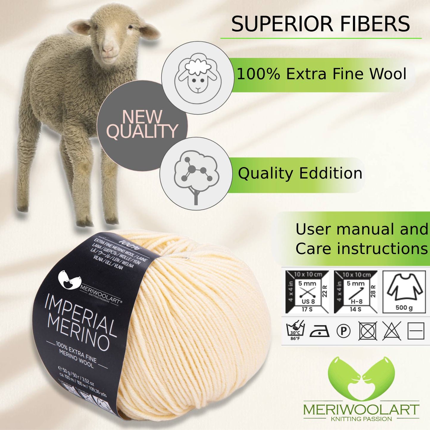 IMPERIAL Cream MERINO WOOL YARNS 50g 125m