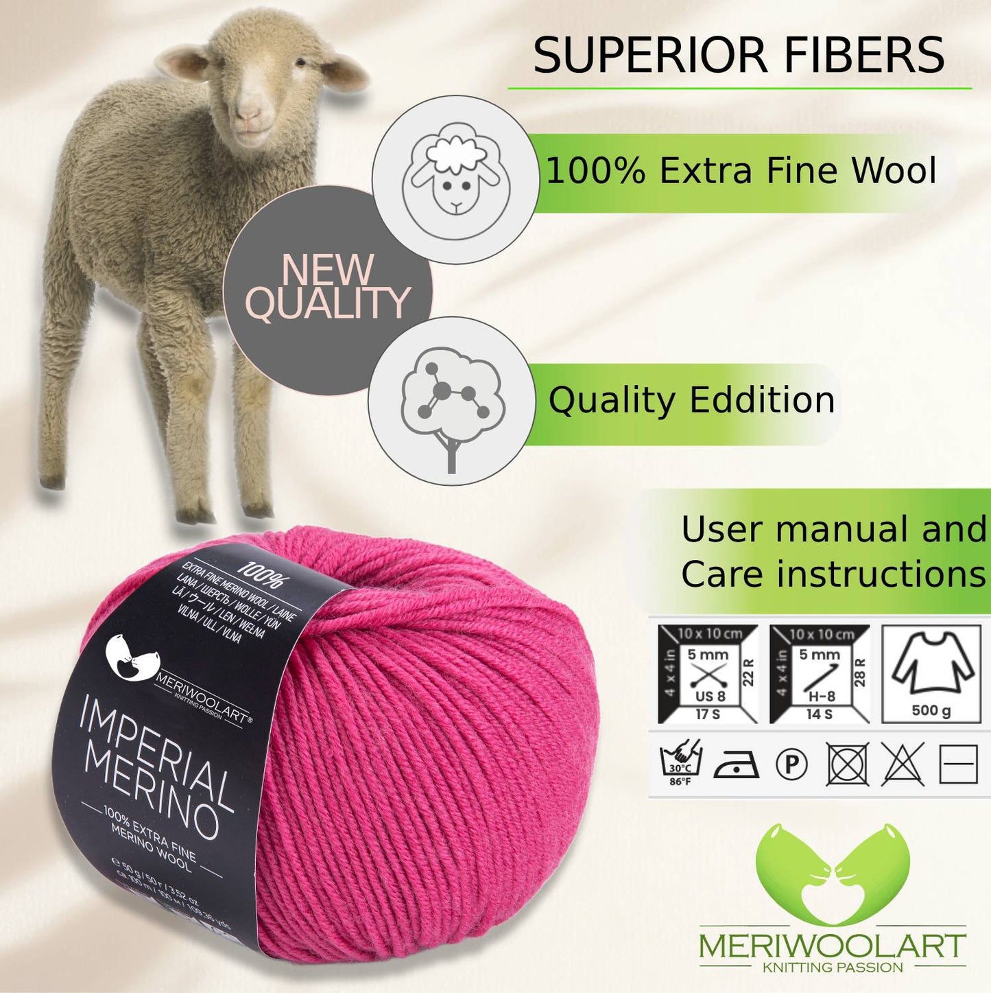 IMPERIAL Pink Fuchsia MERINO WOOL YARNS 50g 125m