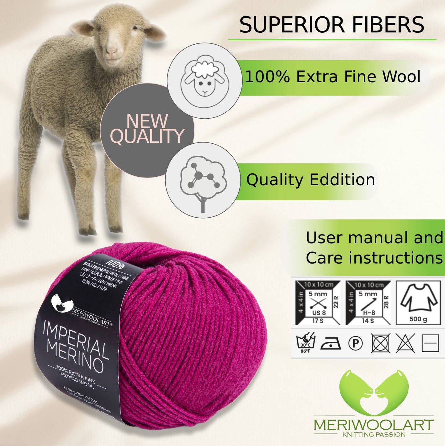 IMPERIAL Fuchsia MERINO WOOL YARNS 50g 125m