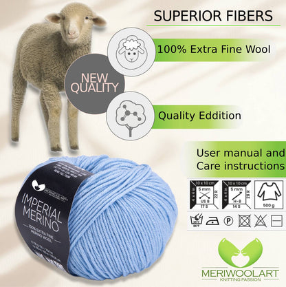 IMPERIAL Light Blue MERINO WOOL YARNS 50g 125m