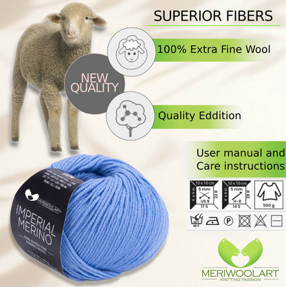 IMPERIAL Blue MERINO WOOL YARNS 50g 125m