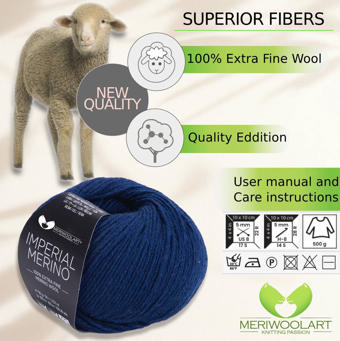 IMPERIAL Navy Blue MERINO WOOL YARNS 50g 125m