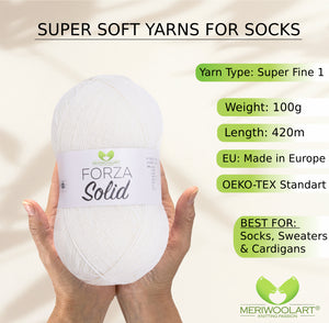 FORZA SOLID White WOOL SOCK YARNS 100g 420m