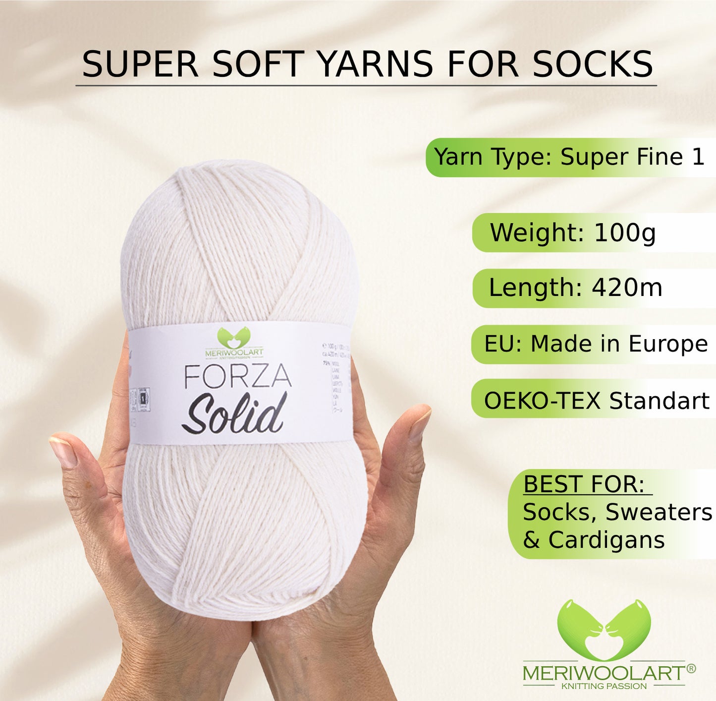 FORZA SOLID Cream-4603 WOOL SOCK YARN 100g 420m