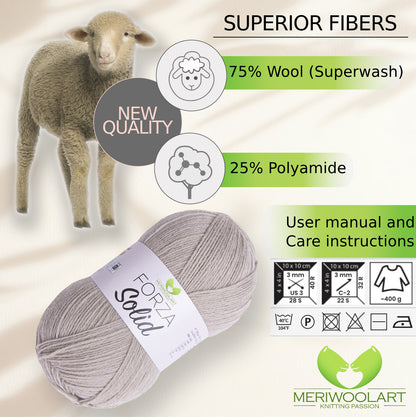 FORZA SOLID Beige-4605 WOOL SOCK YARN 100g 420m