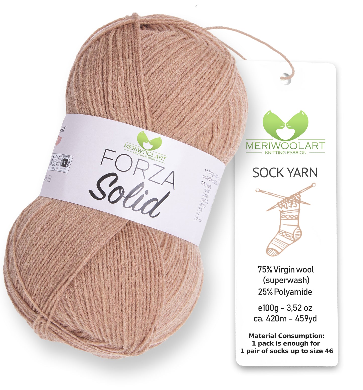 FORZA SOLID Beige-4607 WOOL SOCK YARN 100g 420m