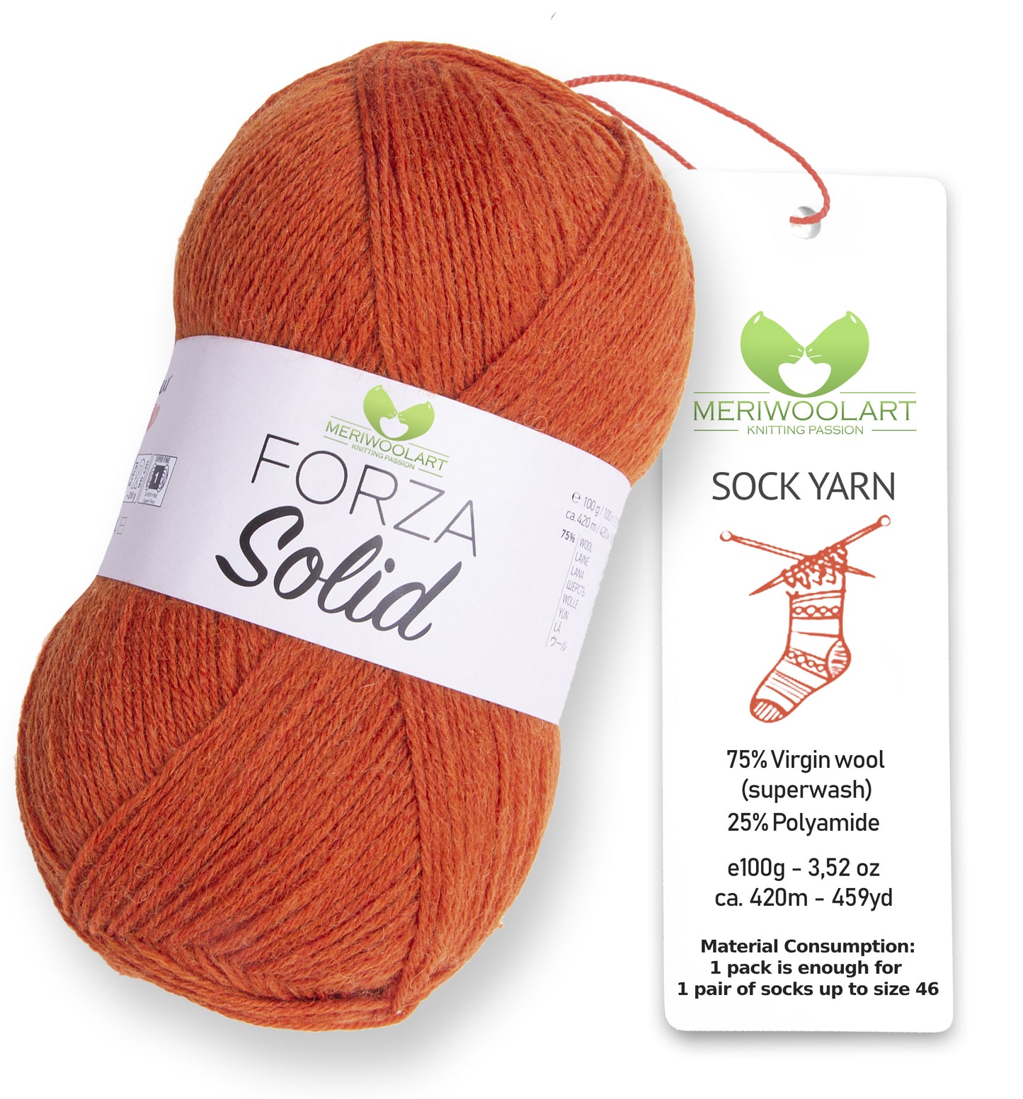 FORZA SOLID Orange-4609 WOOL SOCK YARN 100g 420m