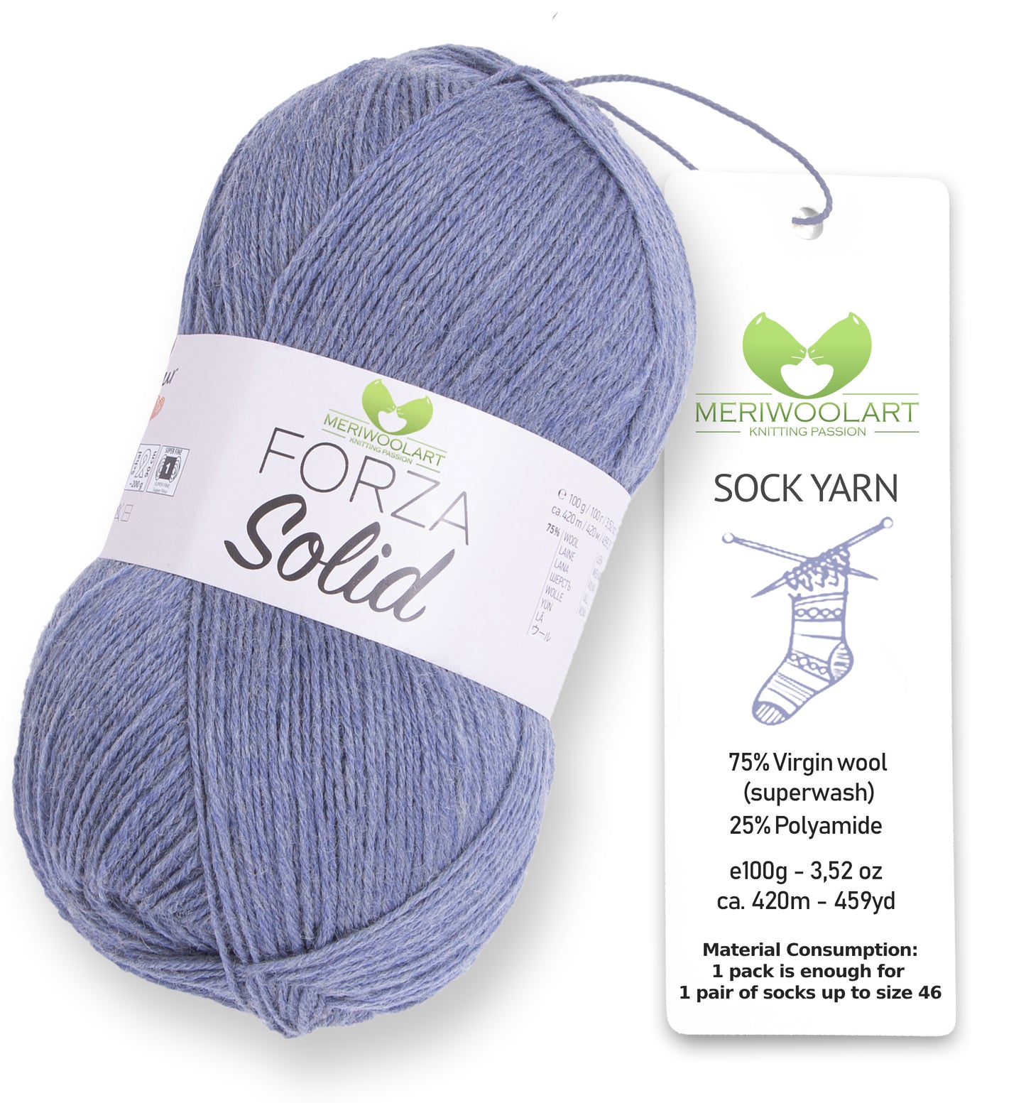 FORZA SOLID Blue Grey-4614 WOOL SOCK YARN 100g 420m