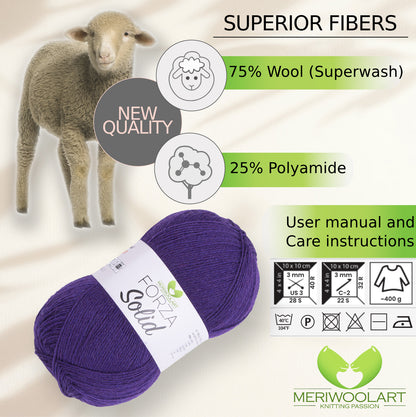 FORZA SOLID Purple-4622 WOOL SOCK YARN 100g 420m