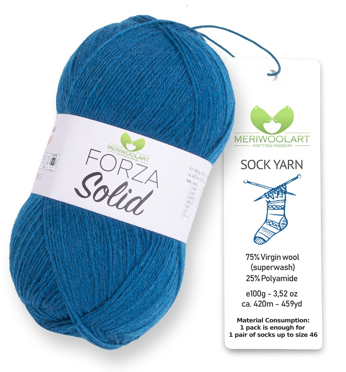 FORZA SOLID Blue-4625 WOOL SOCK YARN 100g 420m