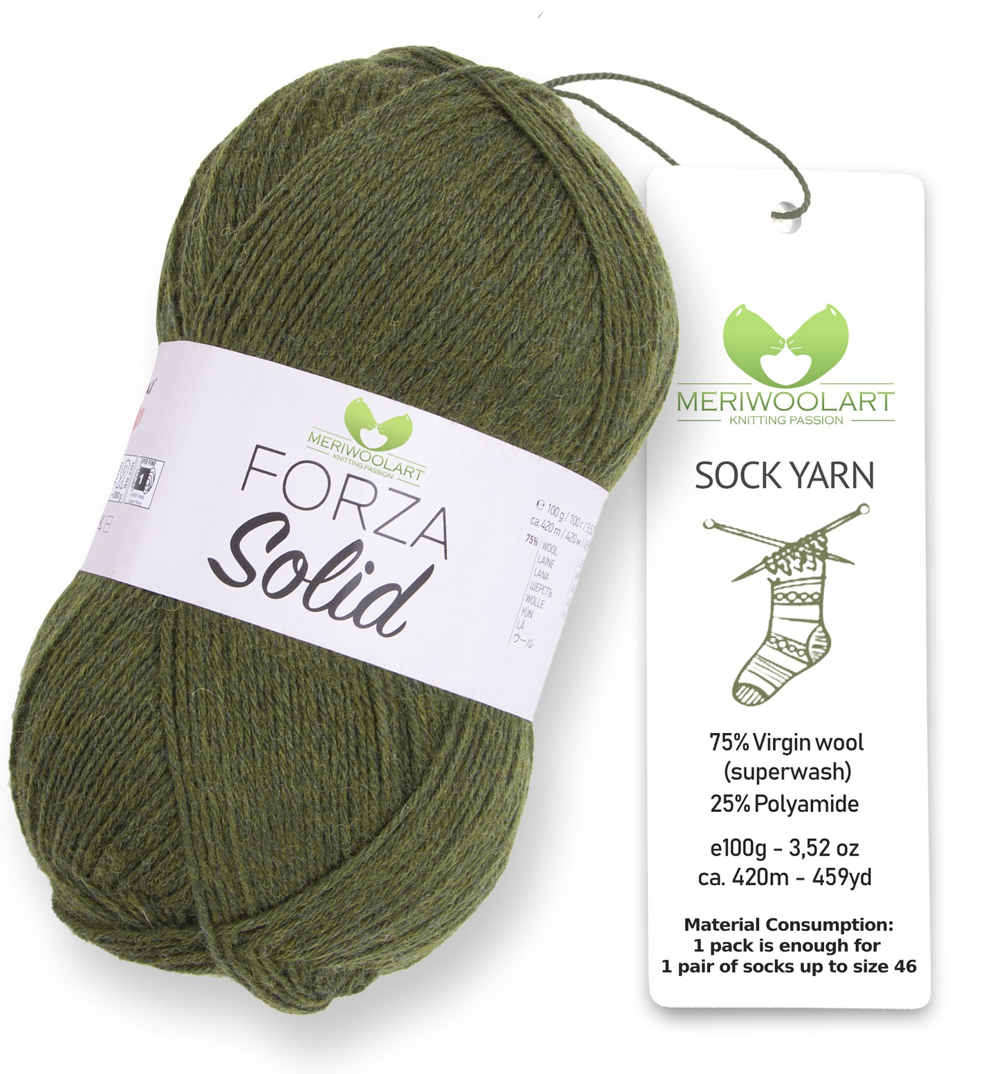 FORZA SOLID Green-4626 WOOL SOCK YARN 100g 420m