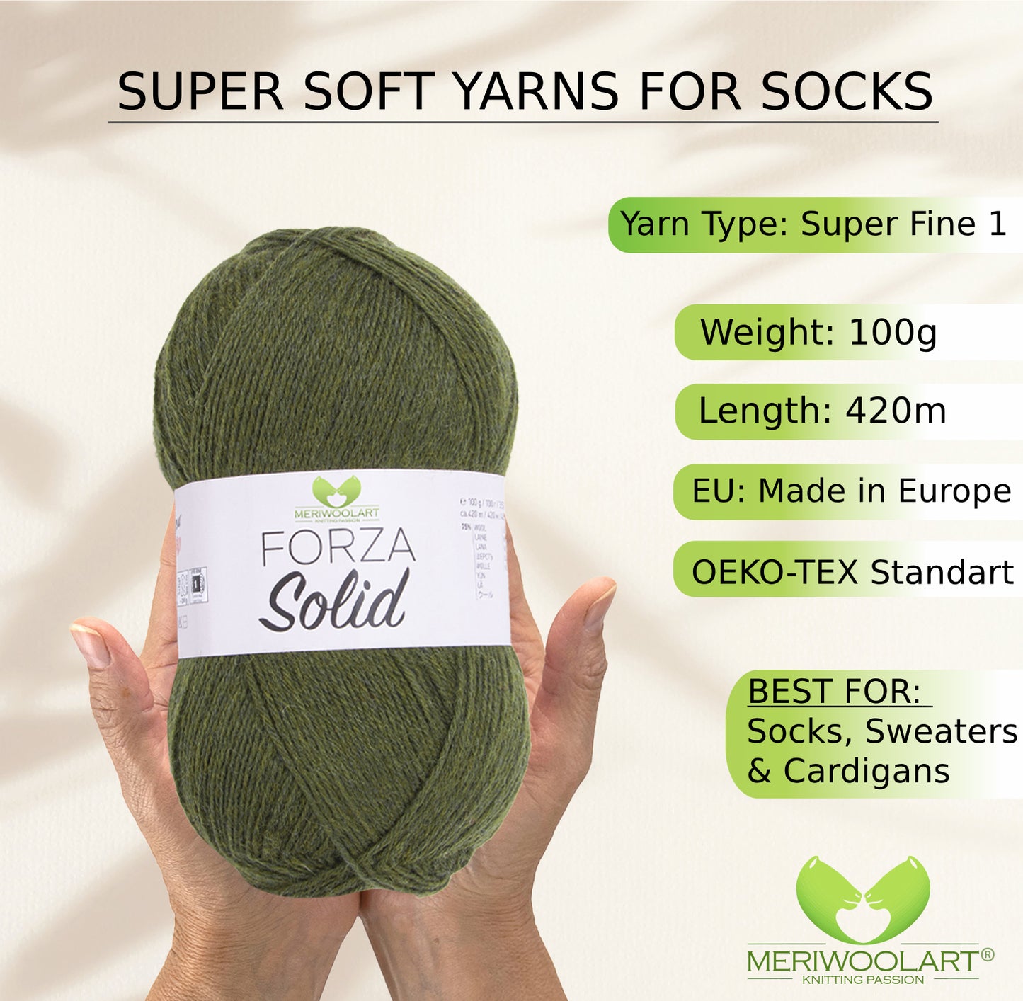 FORZA SOLID Green-4626 WOOL SOCK YARN 100g 420m