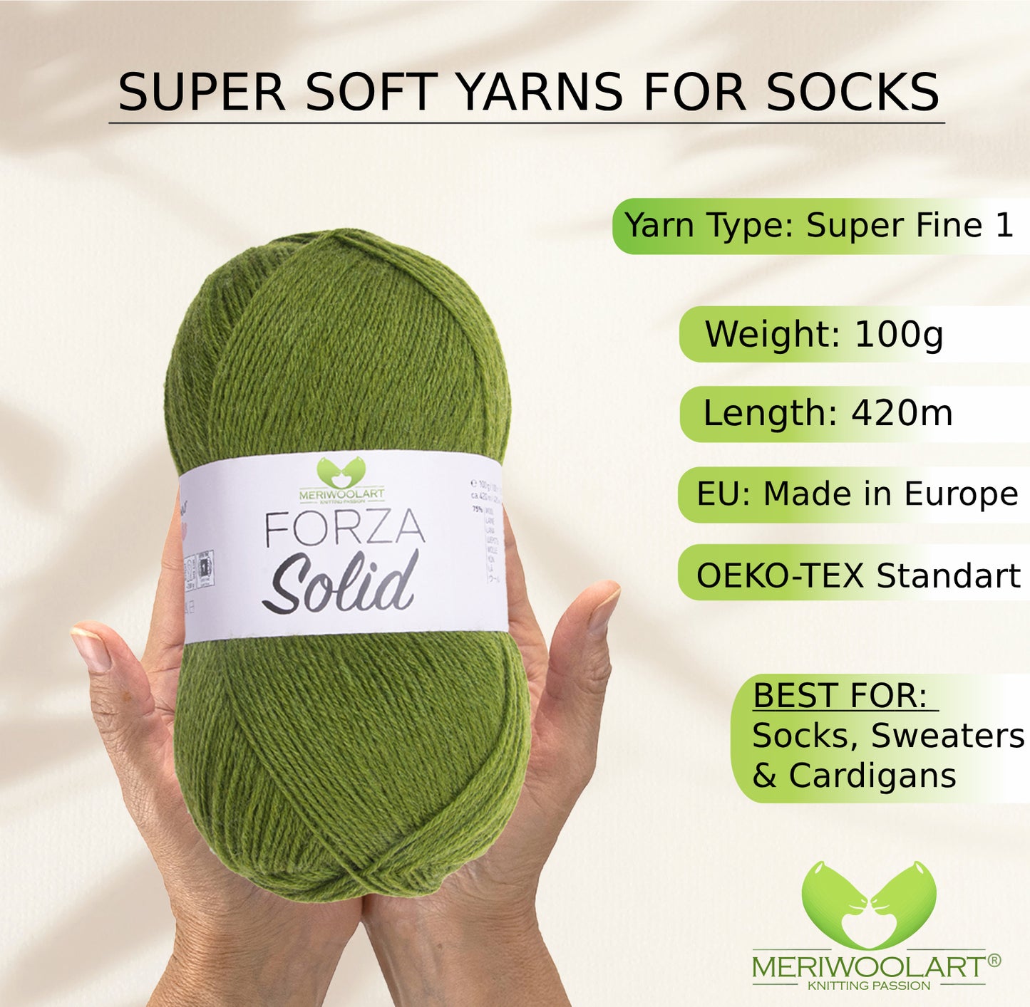 FORZA SOLID Green-4627 WOOL SOCK YARN 100g 420m