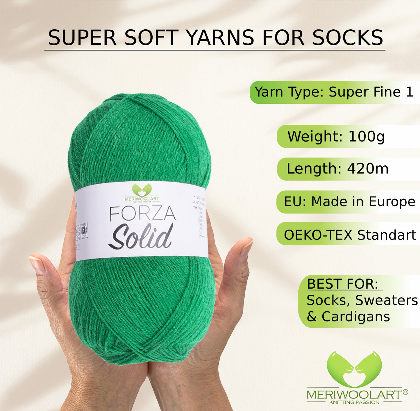 FORZA SOLID Green-4628 WOOL SOCK YARN 100g 420m