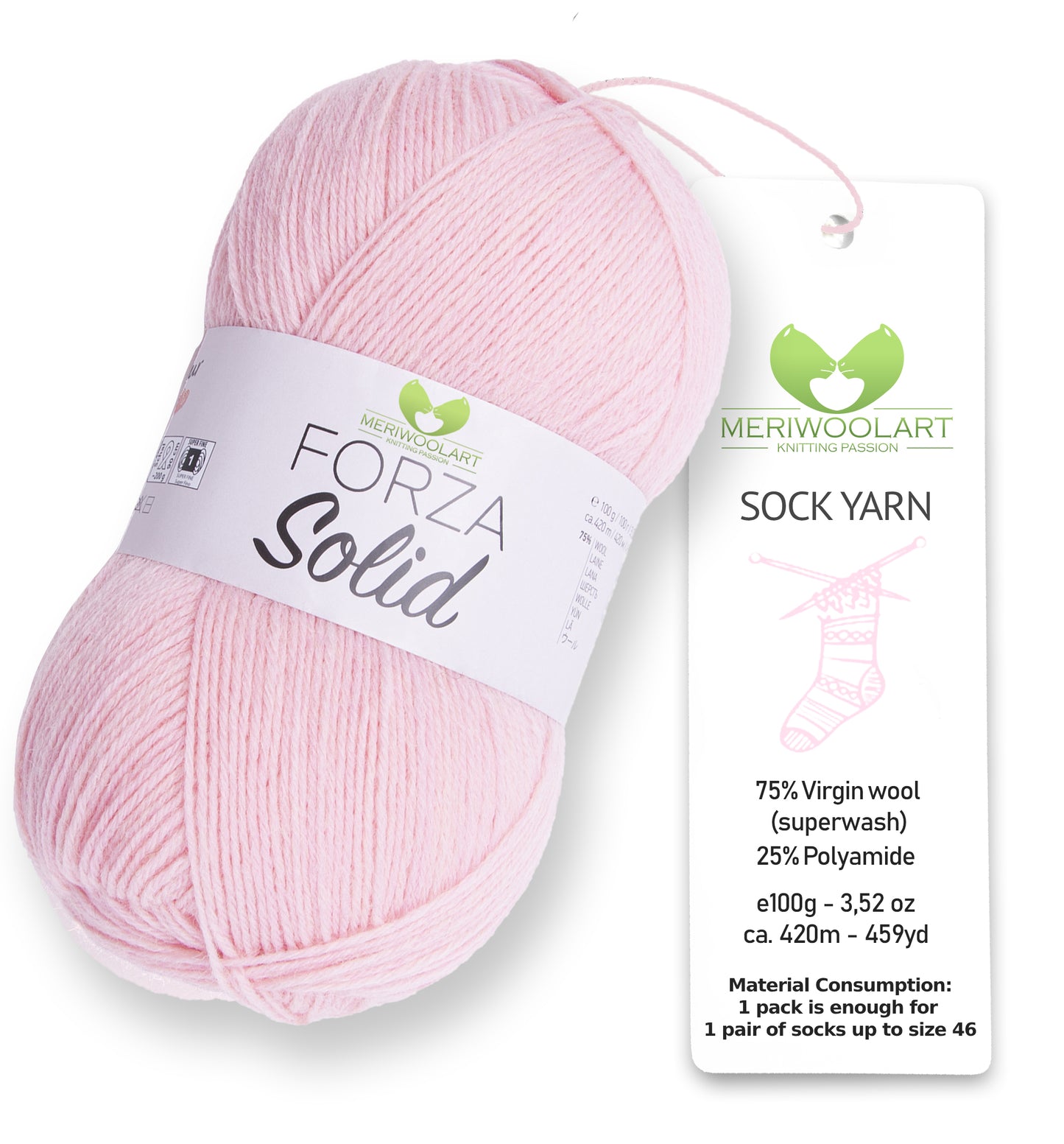 FORZA SOLID Pink-4634 WOOL SOCK YARN 100g 420m