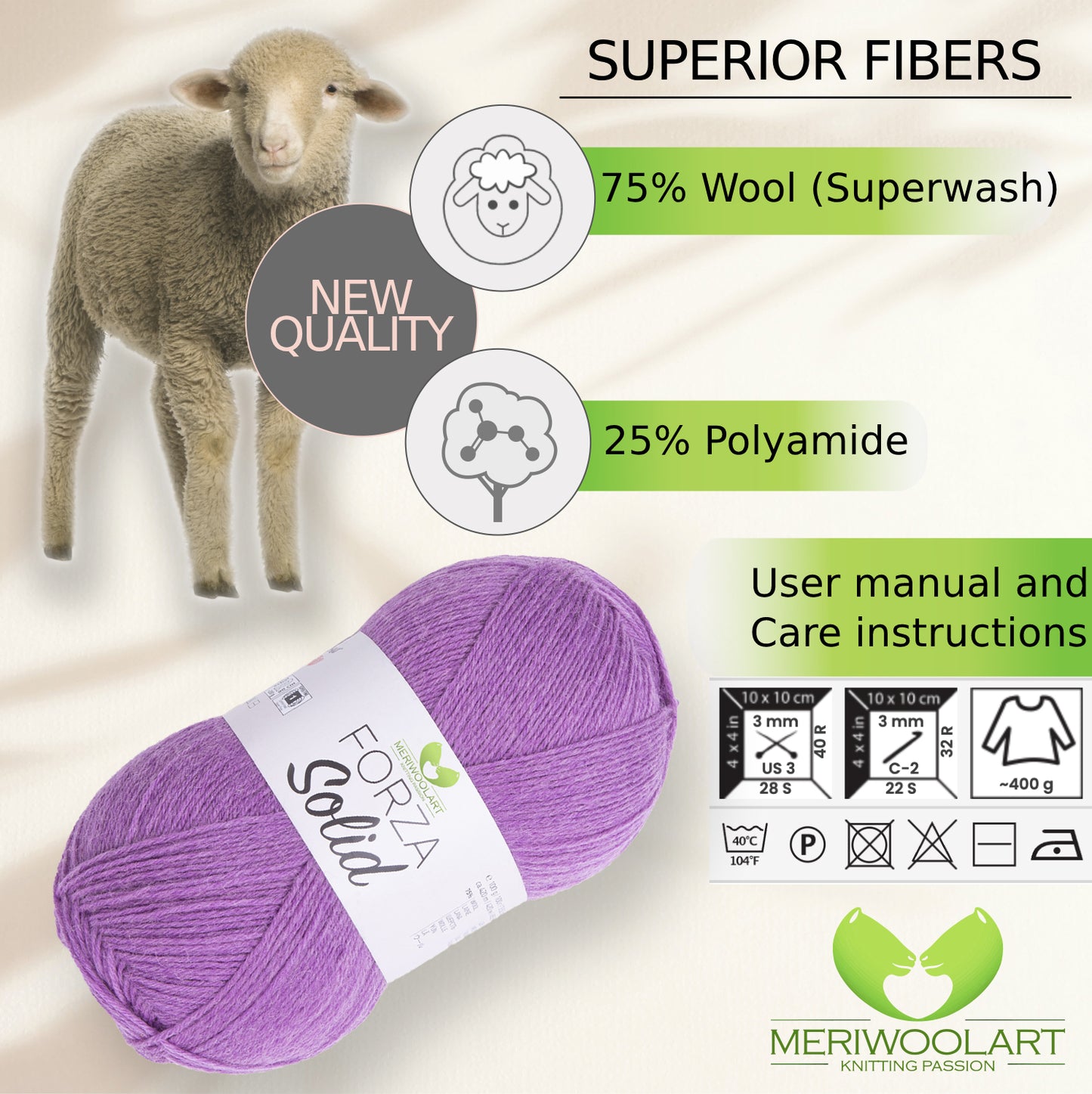 FORZA SOLID Purple-4640 WOOL SOCK YARN 100g 420m