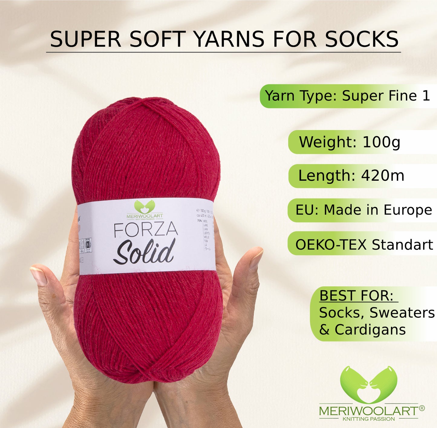 FORZA SOLID Red-4645 WOOL SOCK YARN 100g 420m