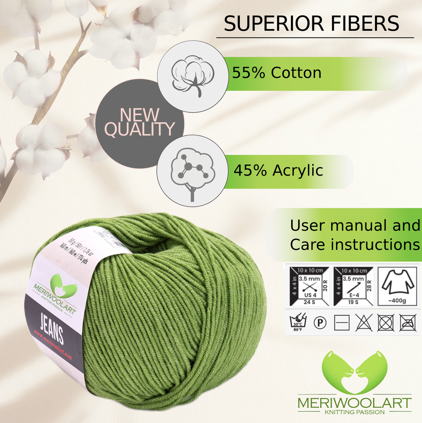 JEANS Sage Green Cotton YARN 50g 160m