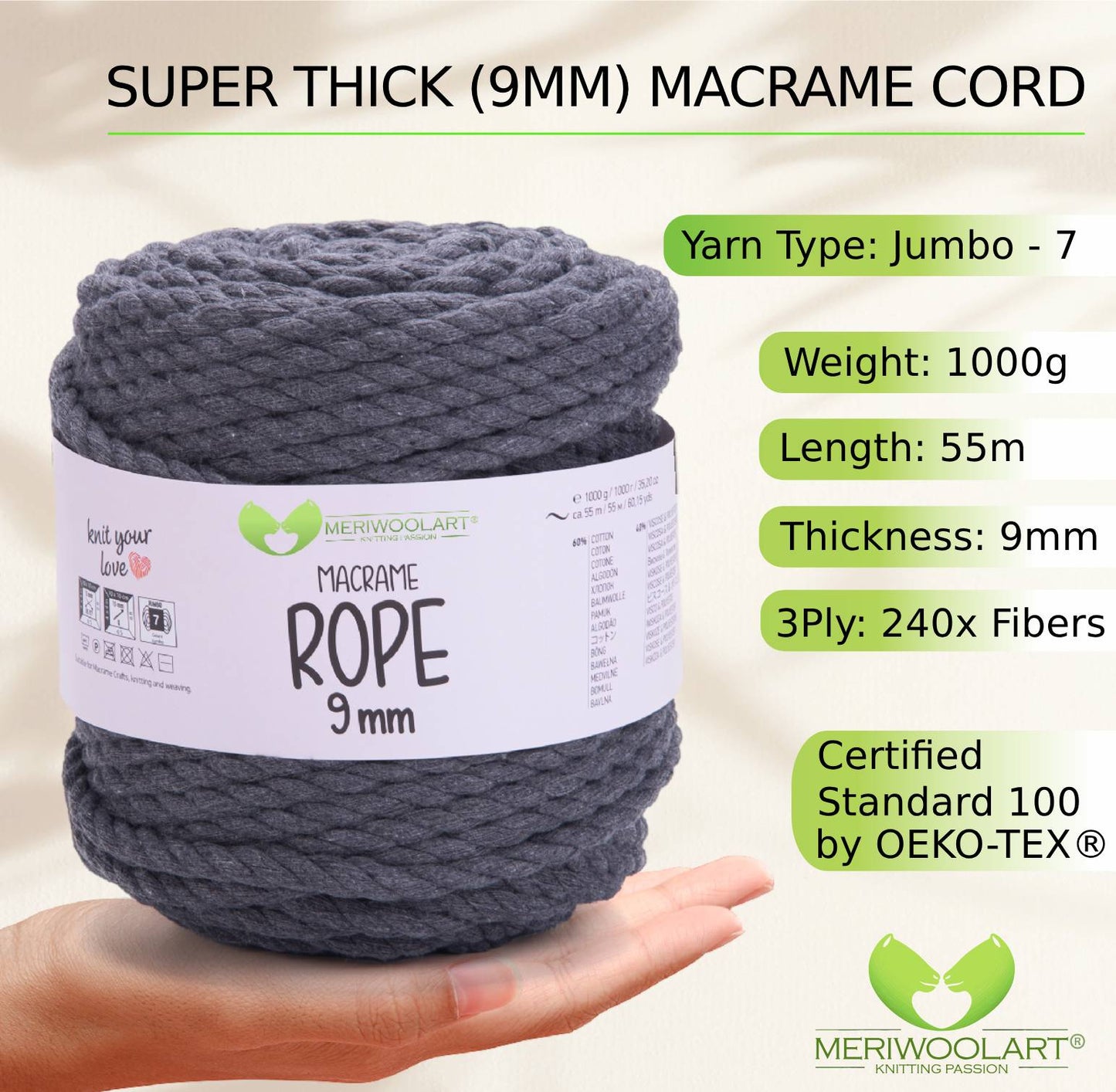 Graphite MACRAMÉ ROPE 9MM 55M