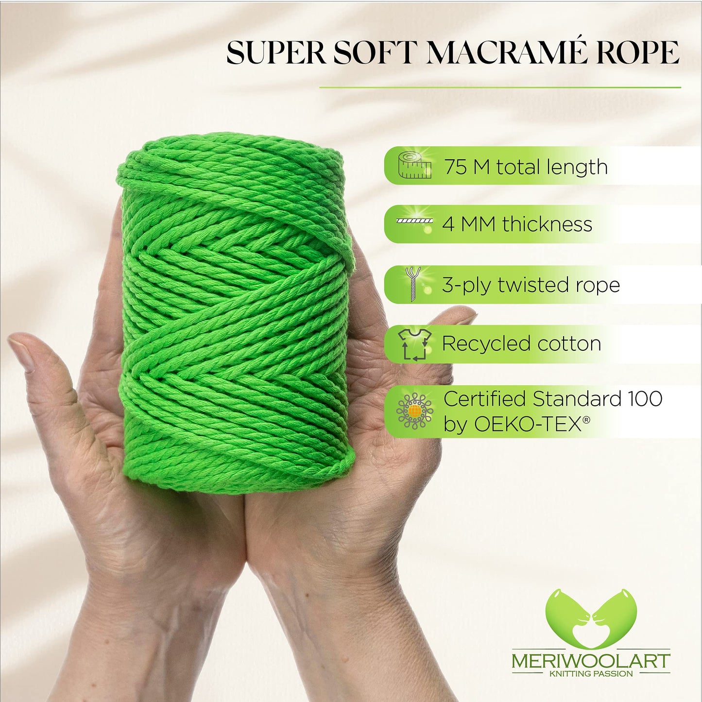 CUERDA DE MACRAMÉ VERDE NEÓN 4 MM, 75 M