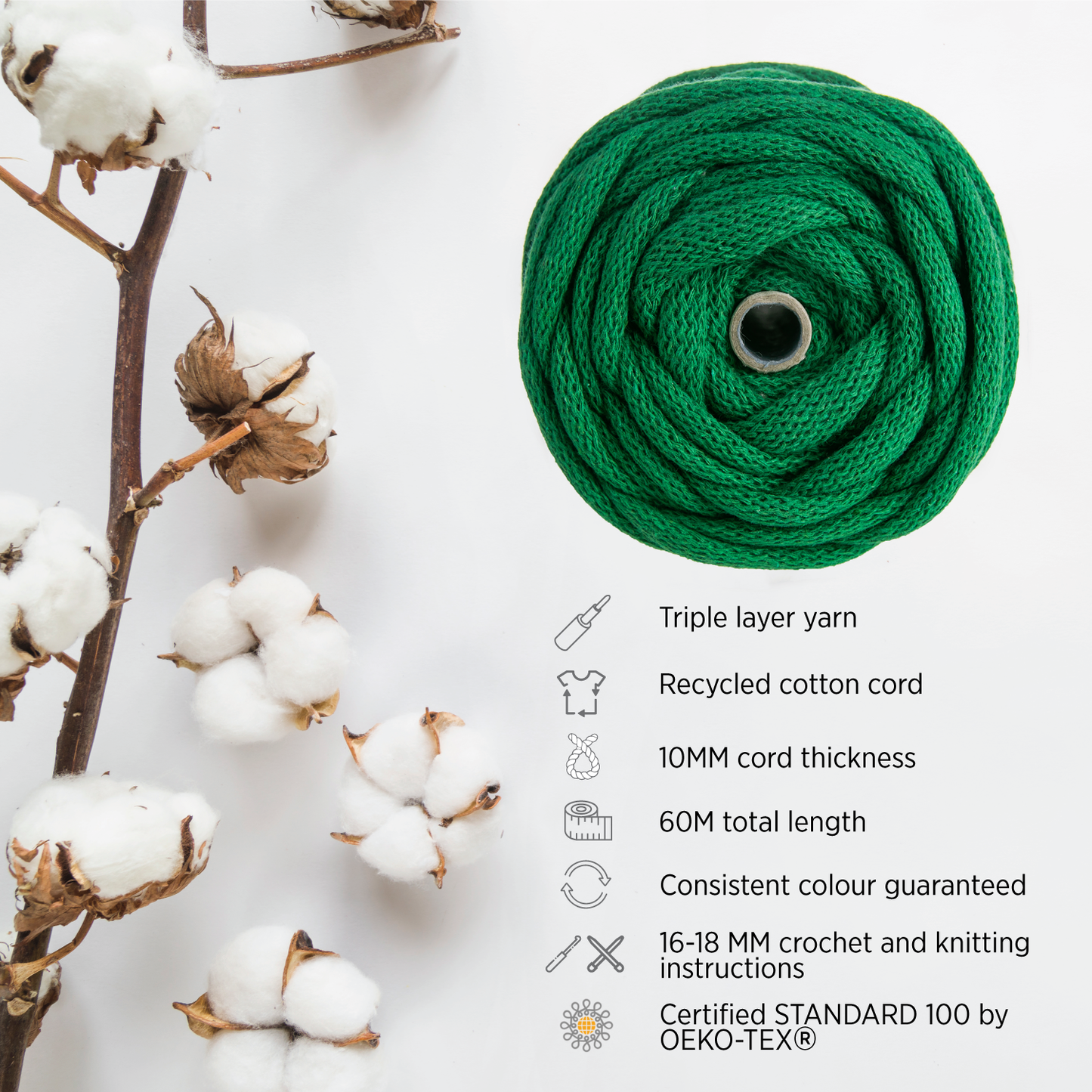 EMERALD GREEN RECYCLED COTTON CORD 10 MM, 60 M