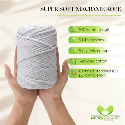 WHITE MACRAMÉ ROPE 6 MM, 100 M