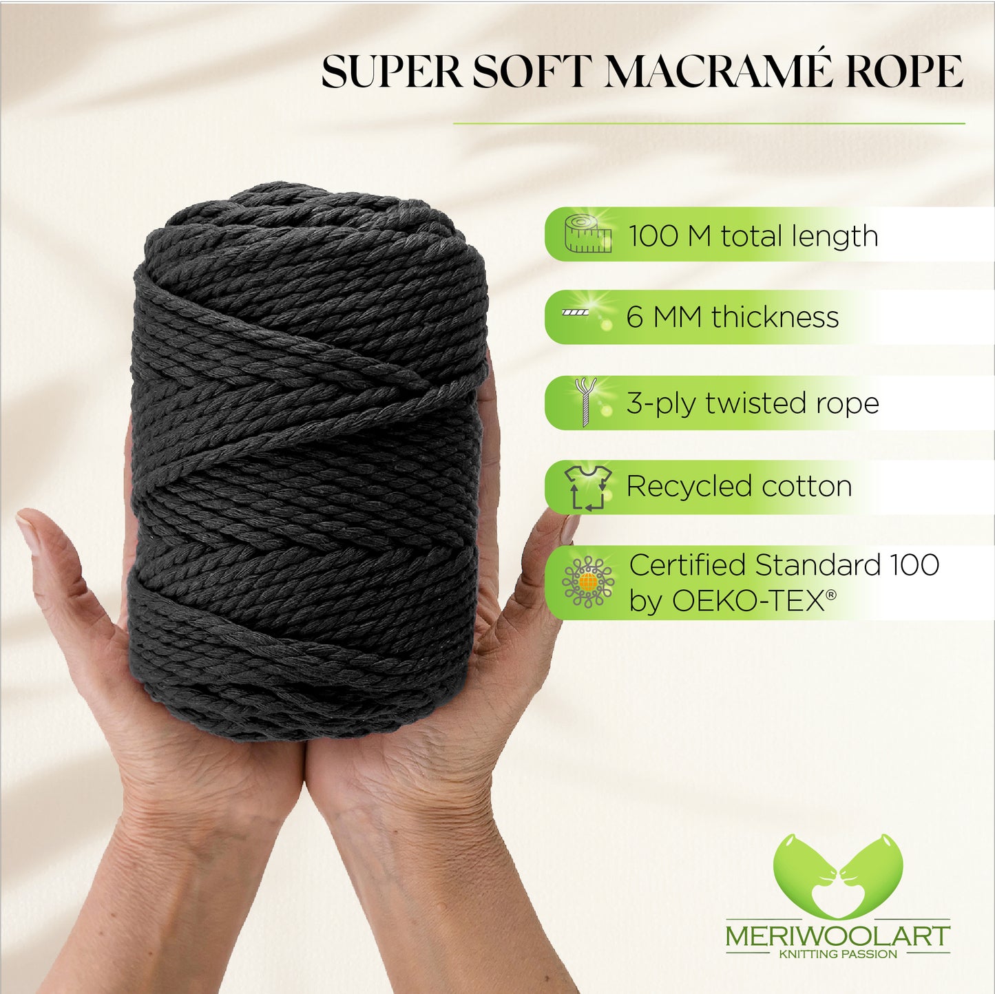 BLACK MACRAMÉ ROPE 6 MM, 100 M