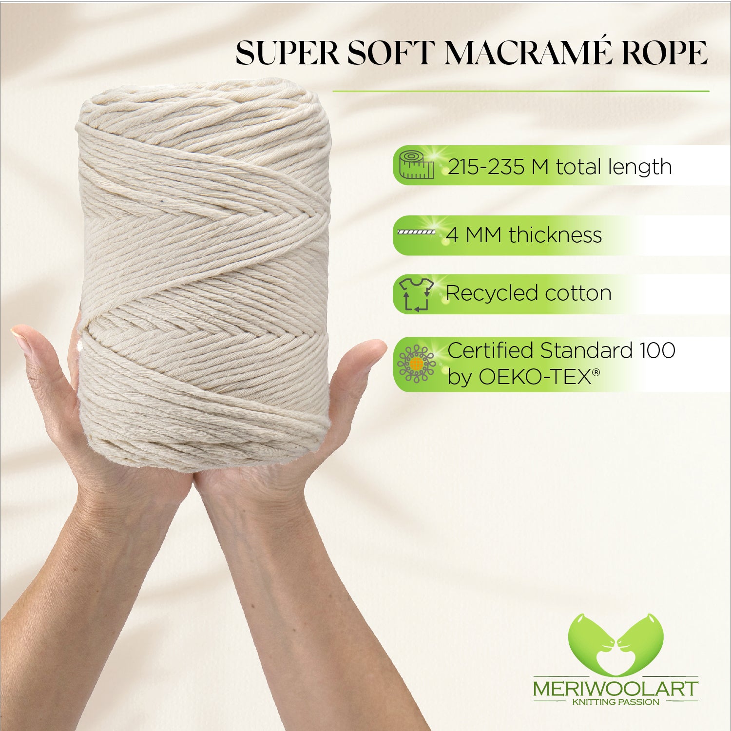 MeriWoolArt Macrame Cord – 4mm X 225 Meters – Thick Cotton Yarn For Macrame Crafts