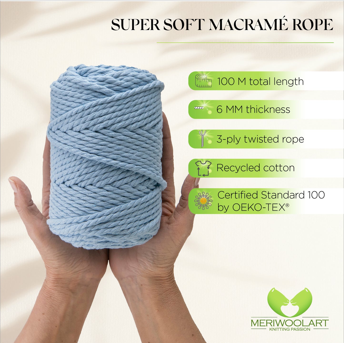 BABY BLUE MACRAMÉ ROPE 6 MM, 100 M