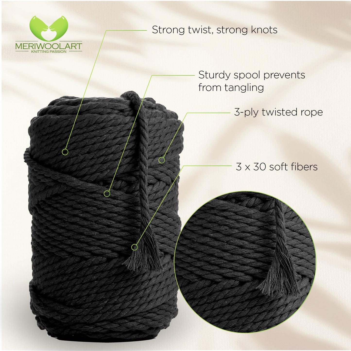 BLACK MACRAMÉ ROPE 6 MM, 100 M