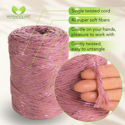 Pflaume Lurex Single Twisted Macramé 3mm 200m