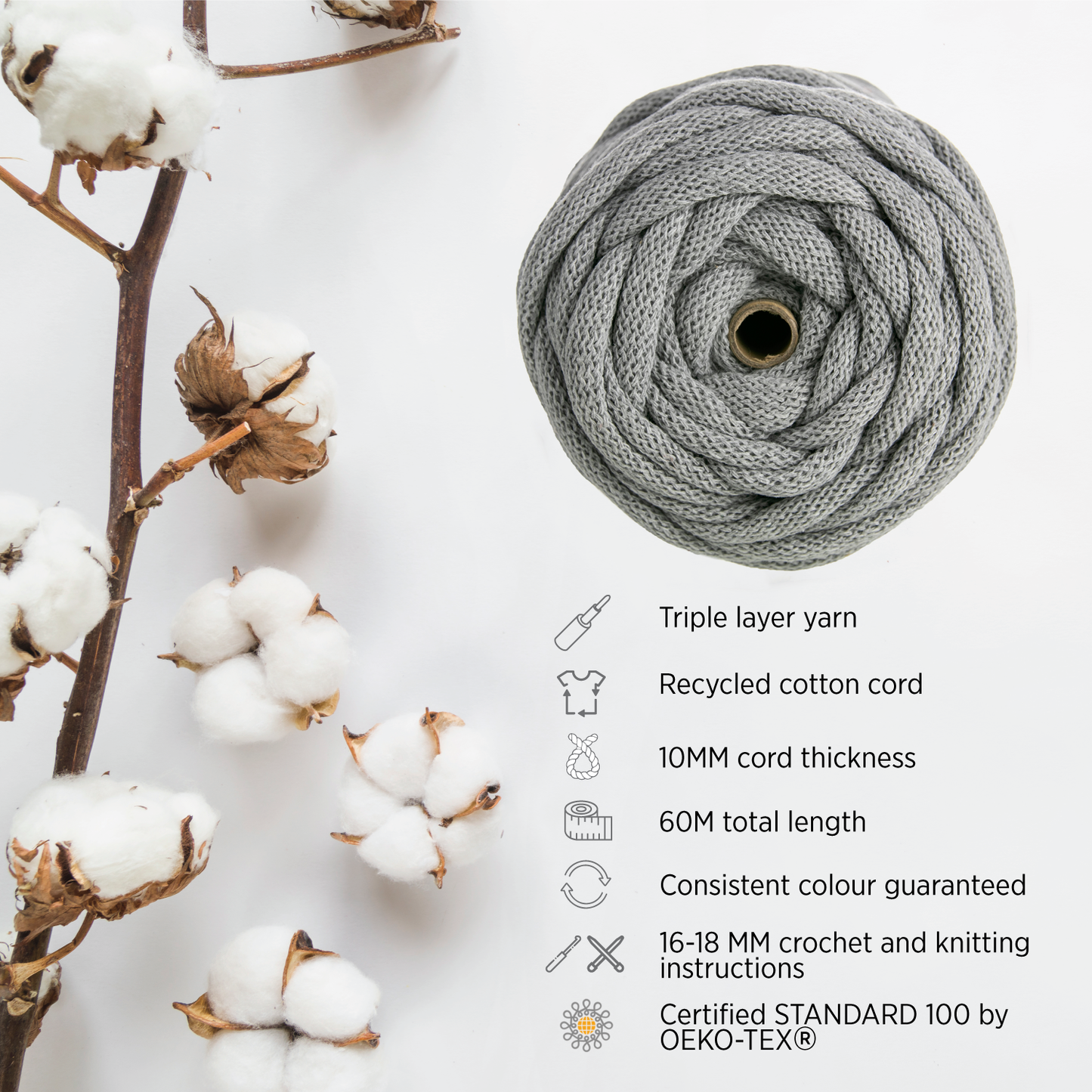 LIGHT GREY RECYCLED COTTON CORD 10 MM, 60 M