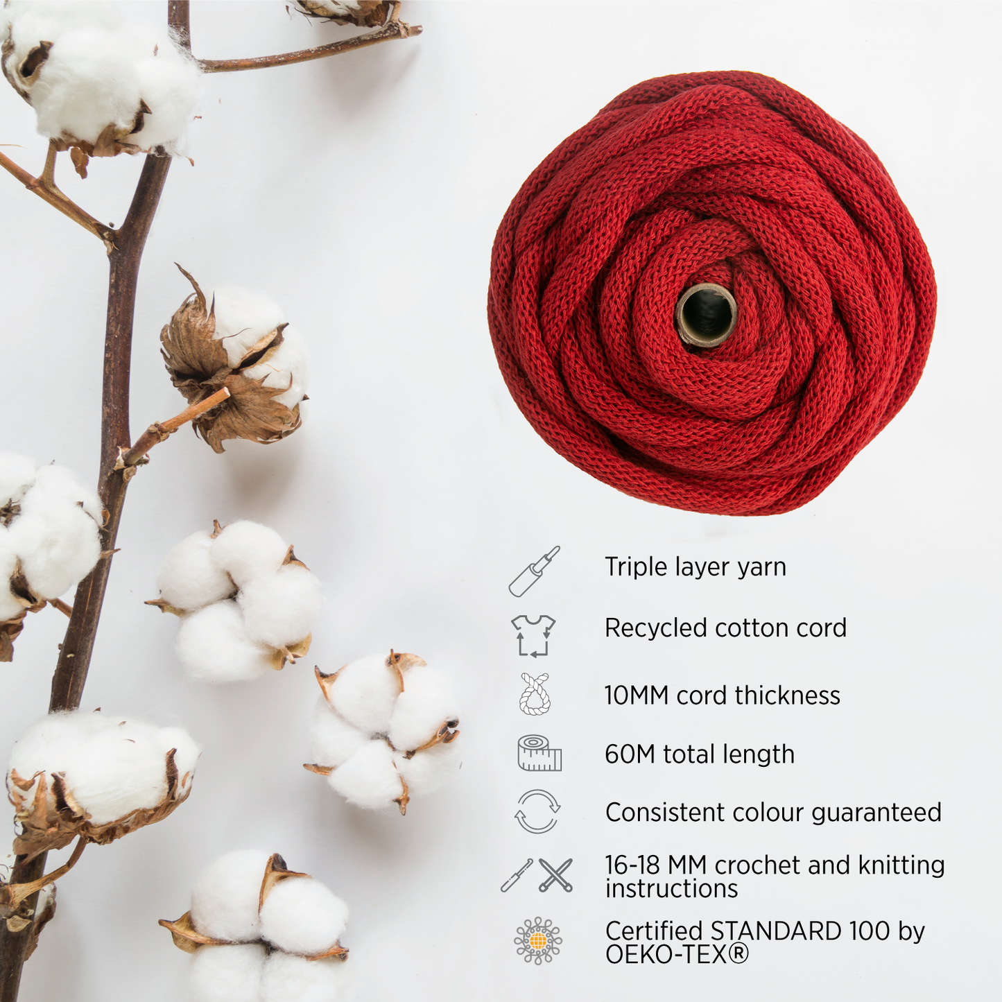 RED RECYCLED COTTON CORD 10 MM, 60 M